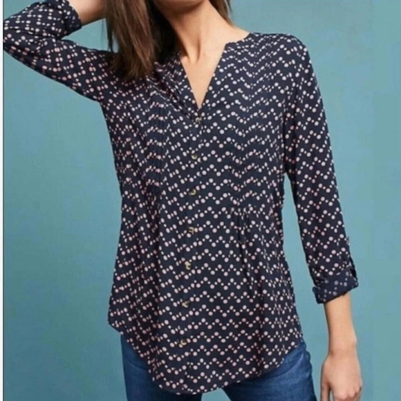Maeve Top Women Sz M Blue Pink Button Down Polka Dot Long Sleeve EUC - Picture 1 of 6